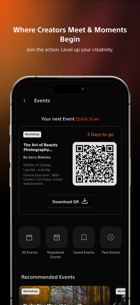 Alpha Universe MEA mobile app screen showing a photography workshop ticket with a QR code for quick scanning