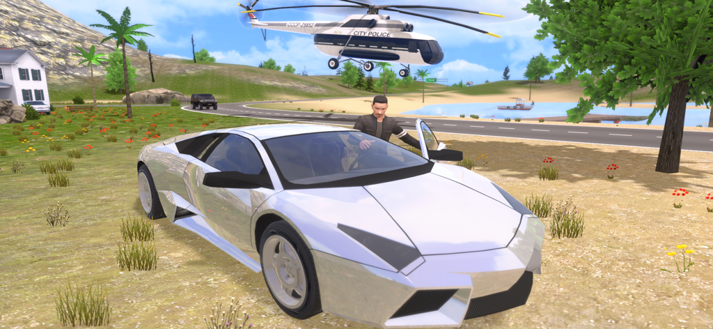 Helicopter Flying: Car Driving - A white sports car and a police helicopter in an open world simulation game environment.