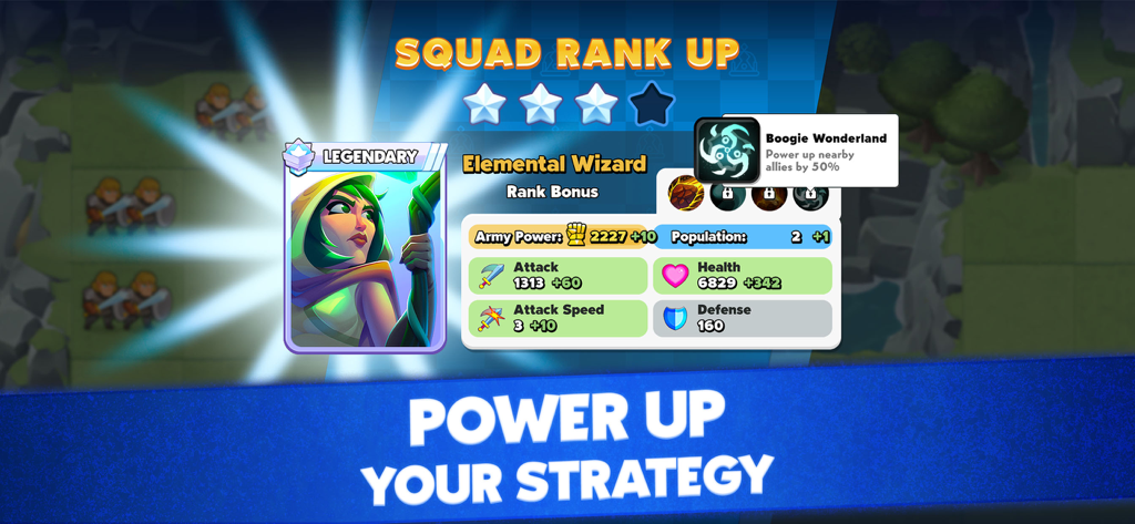 Top Troops: Adventure RPG - Squad rank up screen for a legendary Elemental Wizard in Top Troops Adventure RPG showing upgraded stats and power