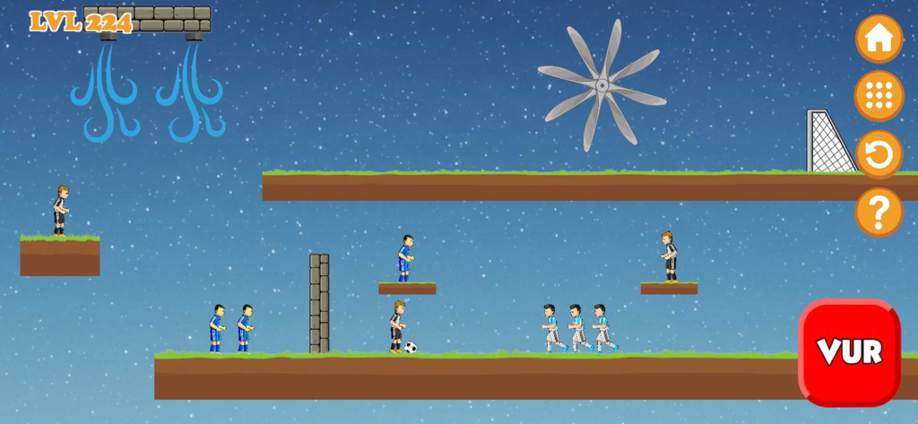 Soccer Moccer - A gameplay level of Soccer Moccer featuring soccer players, obstacles like a rotating fan and wind, and a goal on a starry night background.