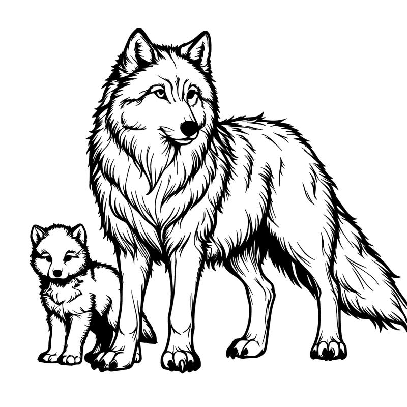 a realistic wolf with a baby wolf