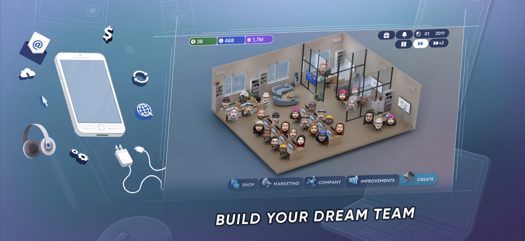 Isometric office view of a tech company showing employees and staff management options in Devices Tycoon Simulator
