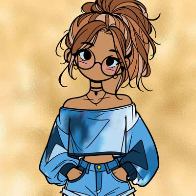 girl with a messy ponytail glasses a baggy crop top and jean shorts