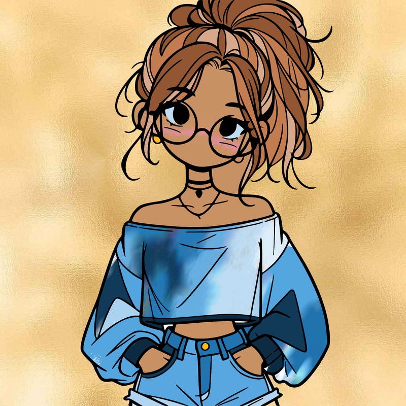 girl with a messy ponytail glasses a baggy crop top and jean shorts