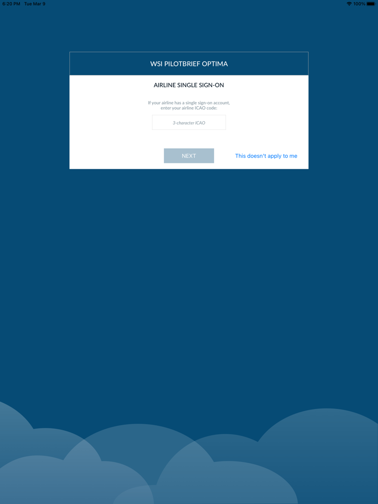 WSI Pilotbrief Optima - Airline Single Sign-On screen for the WSI Pilotbrief Optima aviation app on iPad.