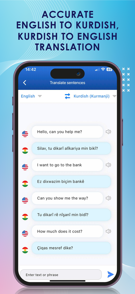 Kurdish English Dictionary + - English to Kurdish translation interface with common phrases and audio pronunciation icons