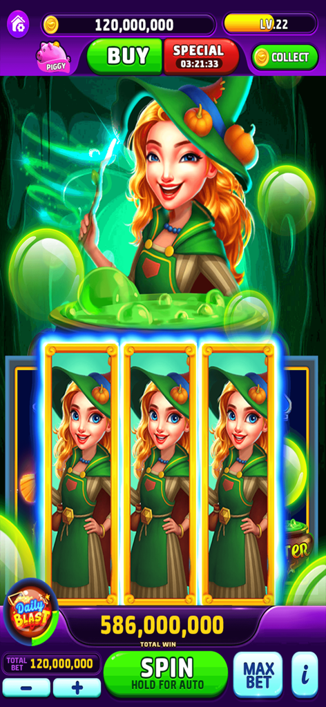 Wild Vegas - Casino Slots - A witch themed slot machine game interface showing a large coin win and matching symbols.