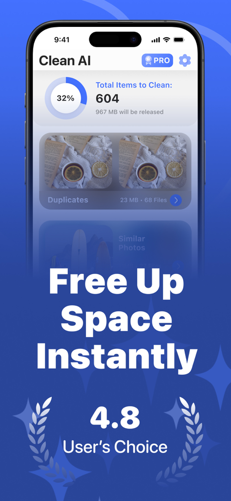 Clean AI・Phone Storage Cleaner - Clean AI app interface displaying storage analysis and the button to free up space instantly