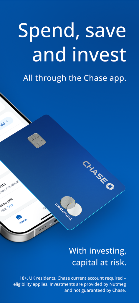 Chase UK - Chase UK mobile app and debit card displayed on a blue background