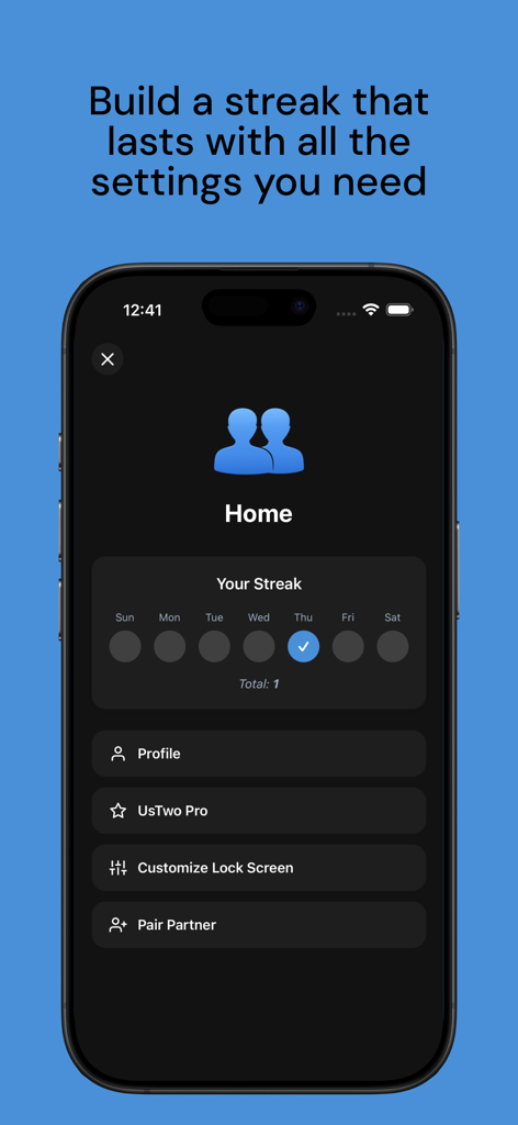 UsTwo - Draw Together - UsTwo app home screen showing a weekly streak tracker and settings menu for profile, pro subscription, lock screen customization, and pairing a partner.