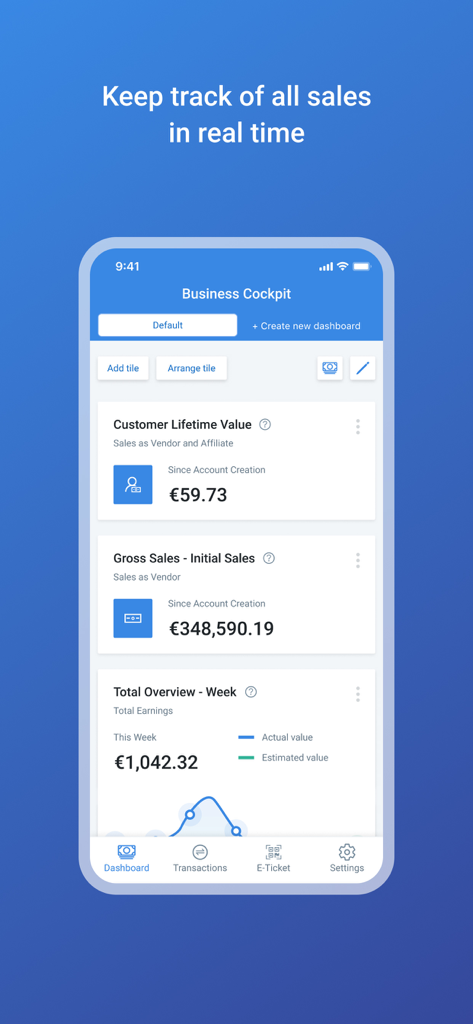 Digistore24 mobile app interface showing the Business Cockpit with real time sales metrics and earnings analytics