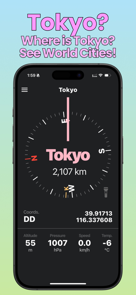 Compass One: Altimeter & GPS - Compass One app showing the direction and distance to Tokyo with GPS data and altitude