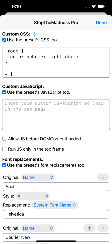 StopTheMadness Pro settings screen for custom CSS JavaScript and font replacements