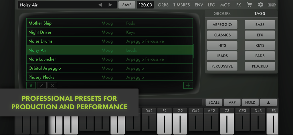 Animoog Z synthesizer interface showing professional sound presets and category tags