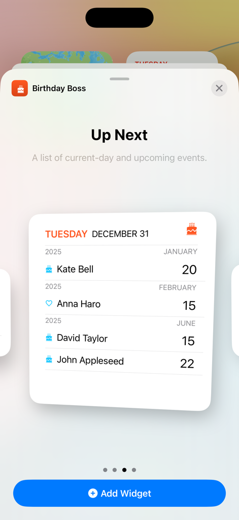 Birthday Boss - Vista previa del widget de la pantalla de inicio de la aplicación Birthday Boss que muestra los próximos cumpleaños y aniversarios