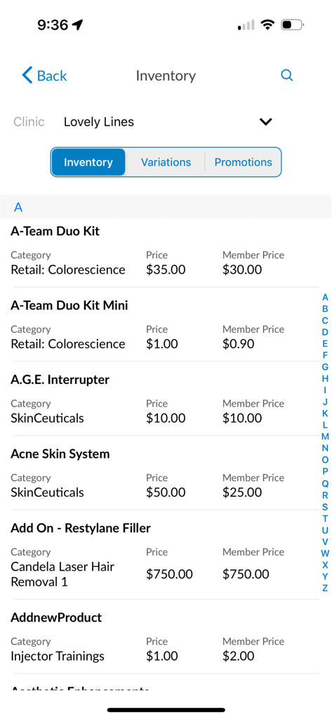Aesthetic Record EMR - A product inventory screen in the Aesthetic Record app showing various medical spa products and treatments with pricing and category details.