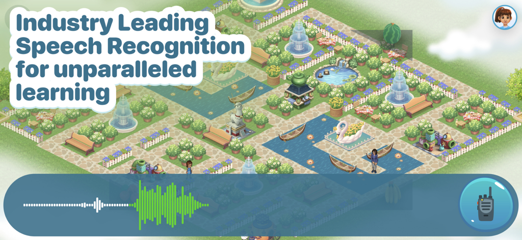 Plingo: English - Plingo English app speech recognition feature shown over a cartoon garden game level