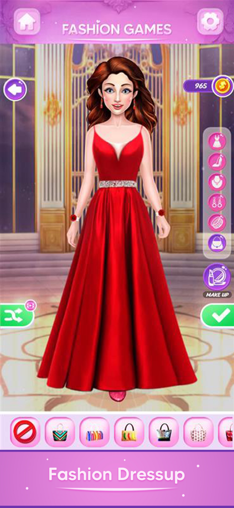 Fashion Games-Makeup, Dress Up - Un personaje vistiendo un largo vestido rojo en la interfaz del juego Fashion Dressup
