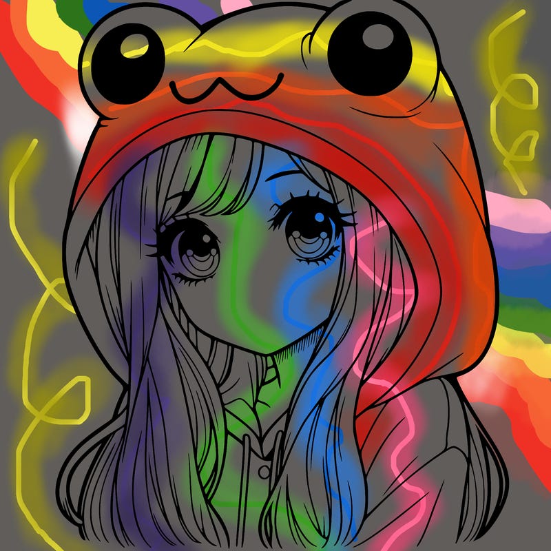 a pretty girl wearing a frog hoodie portrait with long hair