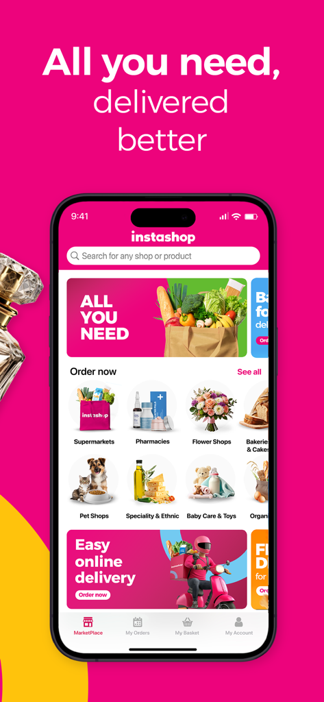 instashop: Groceries & more - InstaShop Mobile App-Startbildschirm mit Einkaufskategorien für Supermärkte, Apotheken und Tiergeschäfte.