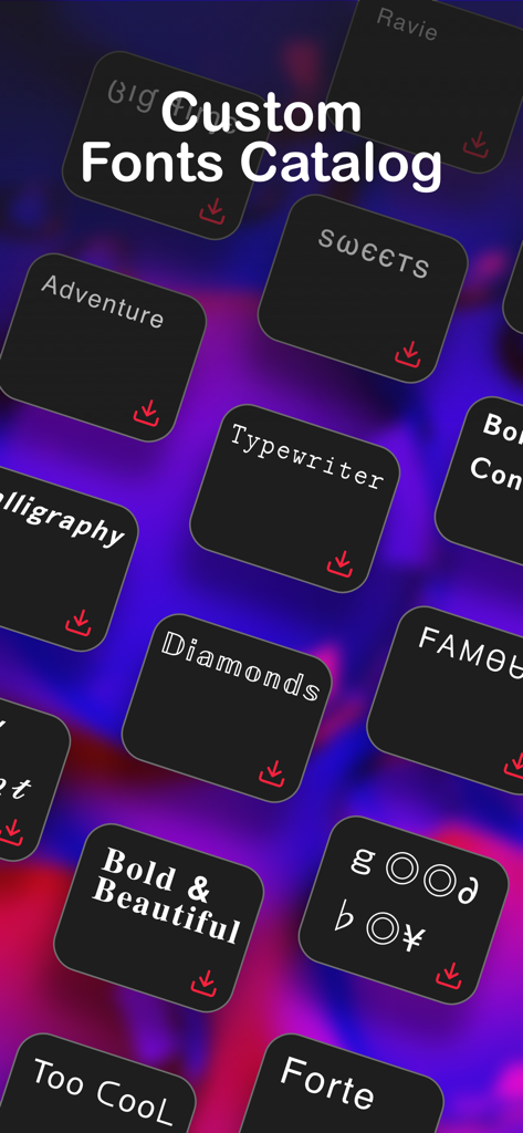 Yo! Live Wallpaper 4K Connect - A catalog of custom font styles including Typewriter, Diamonds, and Sweets for mobile keyboards.