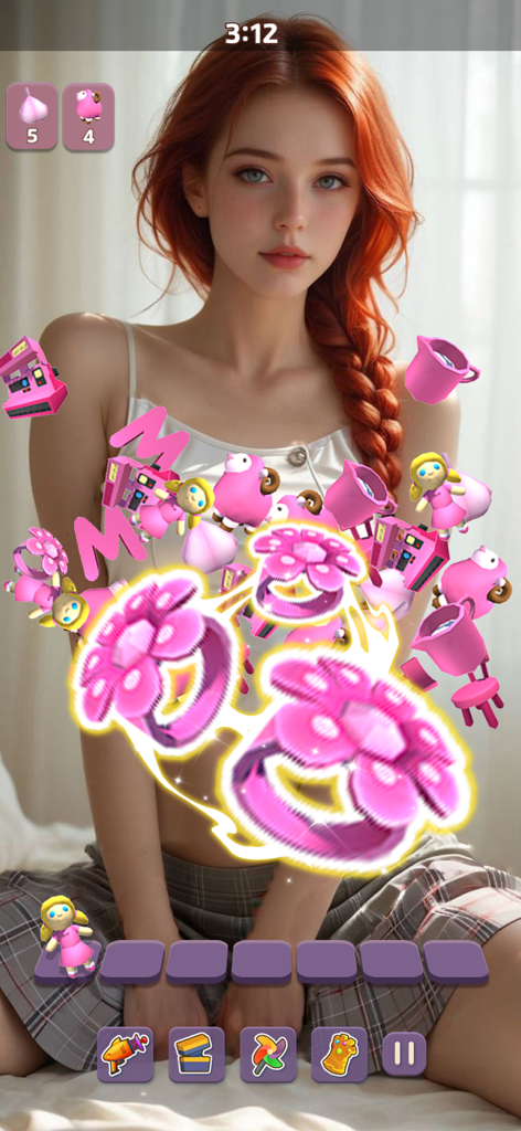 Una pantalla de juego de rompecabezas triple match 3D que muestra anillos florales rosados que se combinan sobre un retrato romántico de fondo