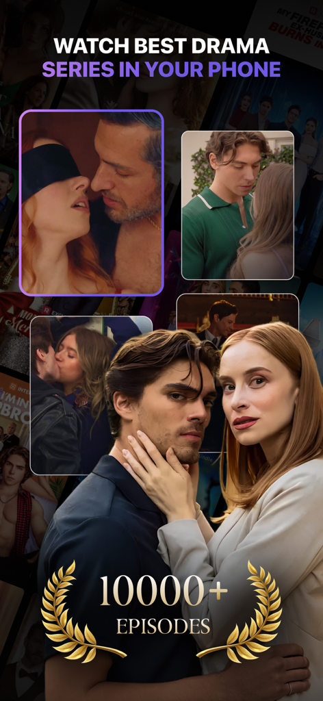 Watch Drama - TV Series Daily - 10000以上のエピソードのコレクションとロマンチックなシリーズを特集したWatch Dramaアプリのプロモーション画面。