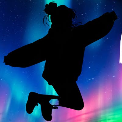 realistic girl jumping with a bun and oversized sweatshirt