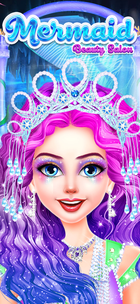 Mermaid Simulator! - A mermaid character with pink and purple hair wearing a silver tiara and glamorous makeup in a beauty salon game.