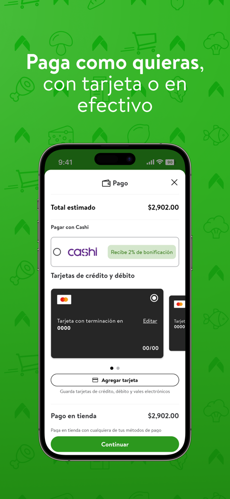 Bodega Aurrera En Línea - 보데가 아우레라 앱 결제 화면, 신용 카드, 직불 카드, Cashi, 매장 현금 결제 옵션 표시