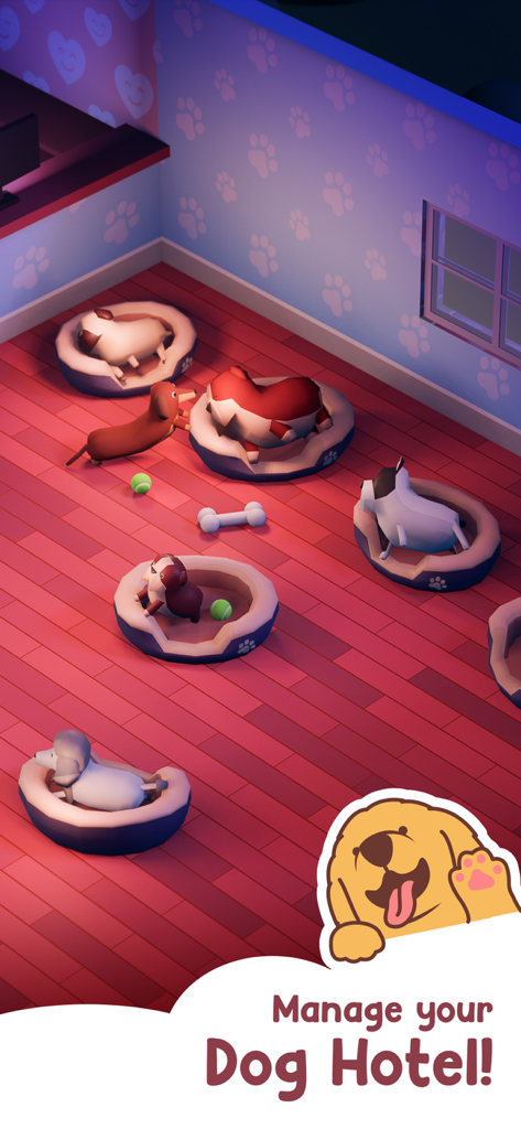 Dog Hotel Tycoon: Pet Game - Múltiples perros lindos de baja poligonización descansando en camas circulares dentro de una colorida habitación de hotel para mascotas