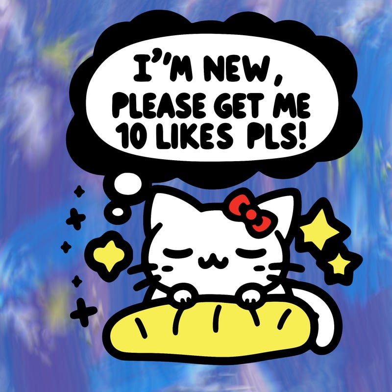 kitty taking a nap dream talking and saying "i'm new, please get me at least 10 likes pls!!"