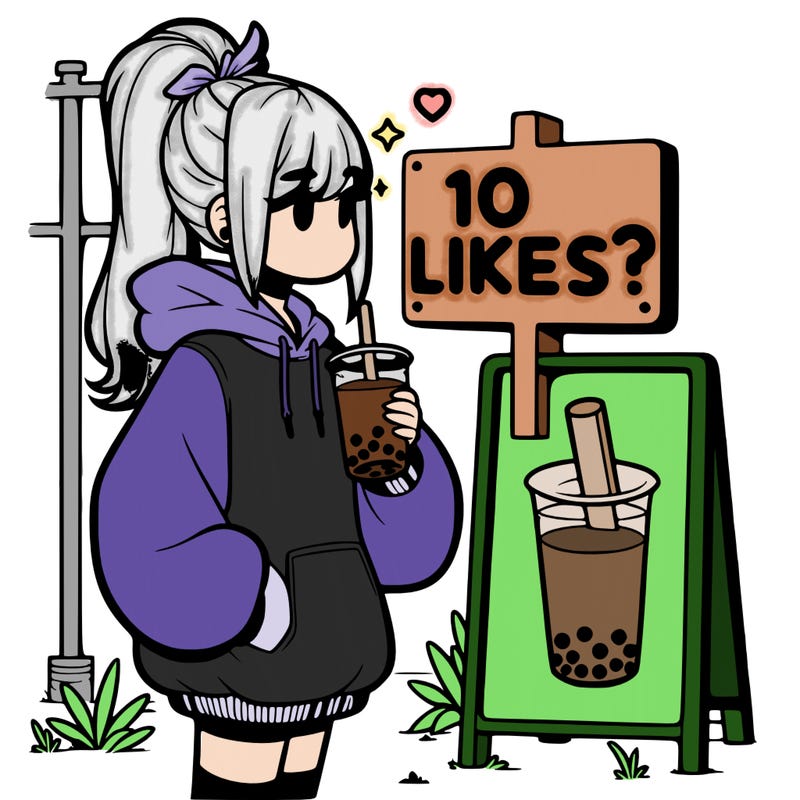 girl with oversized hoodie drinking boba and she has a high ponytail with a sign that says 10likes?