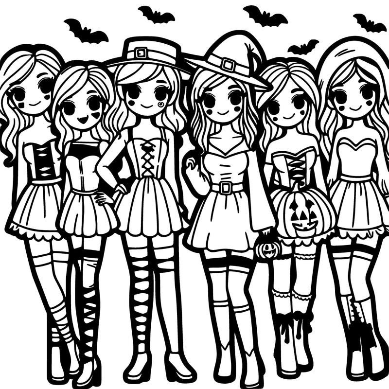 group of girl friends dressed in halloween costumes