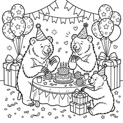 Join a heartwarming celebration with our unique sloth bear birthday coloring page. These shaggy-furred friends are ready for cake and presents, offering a delightful scene for all ages to enjoy.