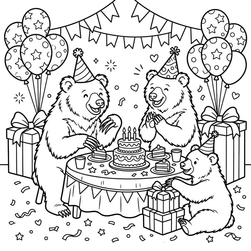 Join a heartwarming celebration with our unique sloth bear birthday coloring page. These shaggy-furred friends are ready for cake and presents, offering a delightful scene for all ages to enjoy.