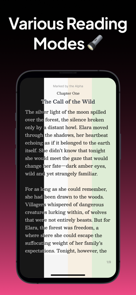 NovelDrama: Read Fantasy Novel - Smartphone displaying the NovelDrama app showing different background color modes for reading a fantasy werewolf novel