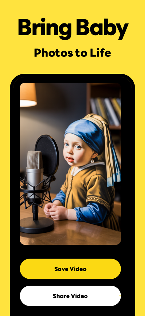 Hydra Talking Video Creator - Interface do aplicativo mostrando um bebê de IA vestido com trajes clássicos falando em um microfone de podcast