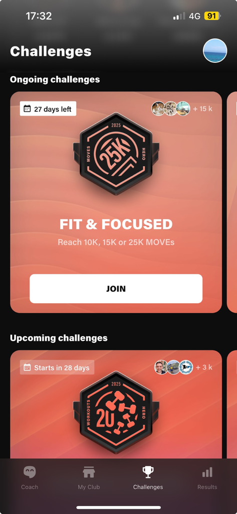 A screenshot of the Bannatyne Health Club app showing fitness challenges and ongoing member goals
