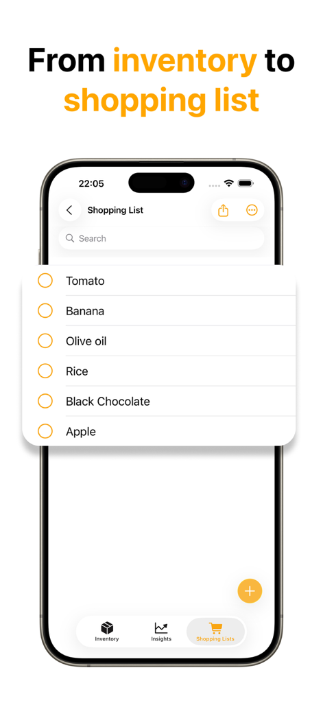 Pantry inventory, FridgeBuddy - A smartphone showing a grocery shopping list in the FridgeBuddy app with items like tomato, banana, and rice.