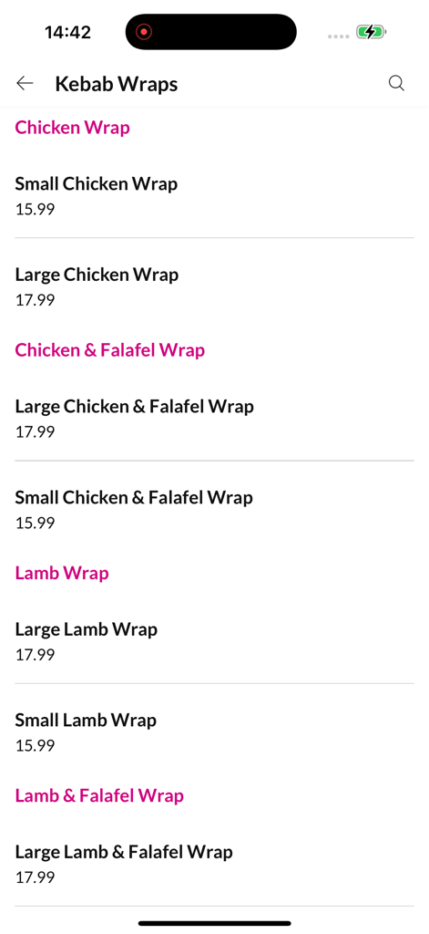 Menübereich für Kebab-Wraps in der Yum Yum Kebab und Smoothies Mobile App, der Preise für Hähnchen- und Lammfleisch-Wraps anzeigt