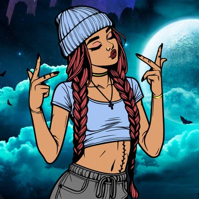 realistic teenage girl with braids and a beanie and crop top doing 🫶🏼