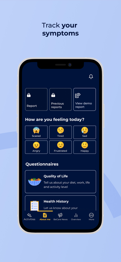 BeCare Neuro App-Oberfläche zur Verfolgung von Symptomen und Stimmung anhand von Emojis.