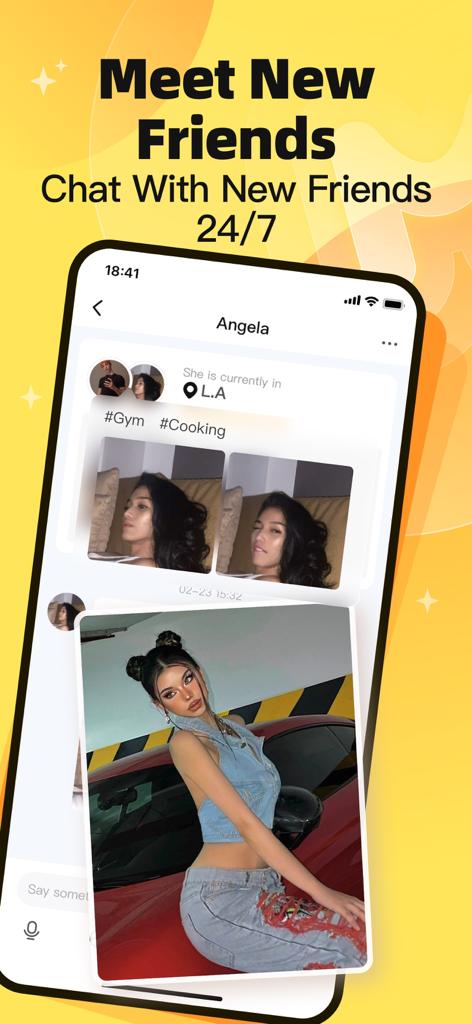 A screenshot of the MIYA mobile app showing a user profile and the text Meet New Friends Chat With New Friends 24/7.