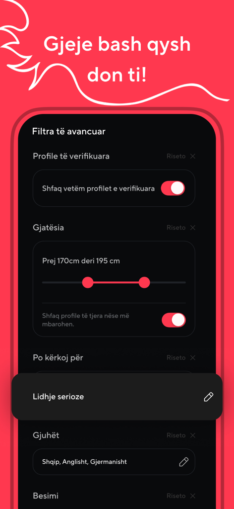 dua.com - Albanian Dating app - Filtros de búsqueda avanzados en la aplicación de citas albanesas dua.com que muestran opciones para perfiles verificados y relaciones serias.