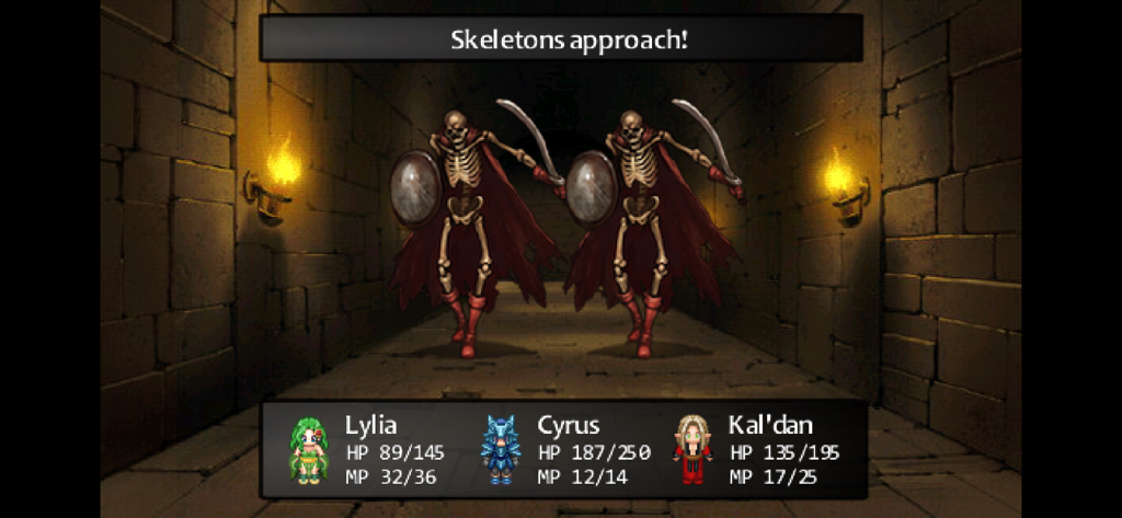 Une scène de bataille dans le RPG rétro 7 Stories où trois personnages rencontrent deux squelettes dans un couloir de donjon.