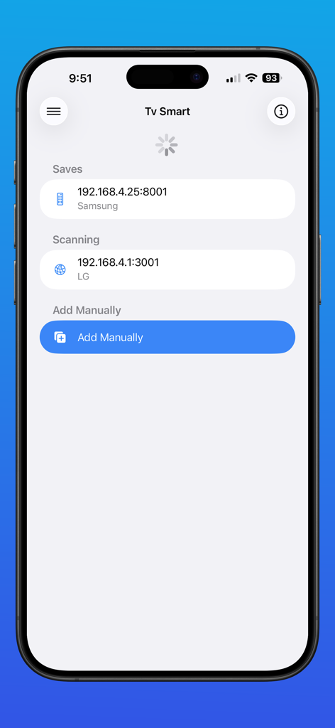 Smart TV Remote IP WIFI PRO - iPhone app interface showing a list of discovered smart TVs with IP addresses for remote control connection