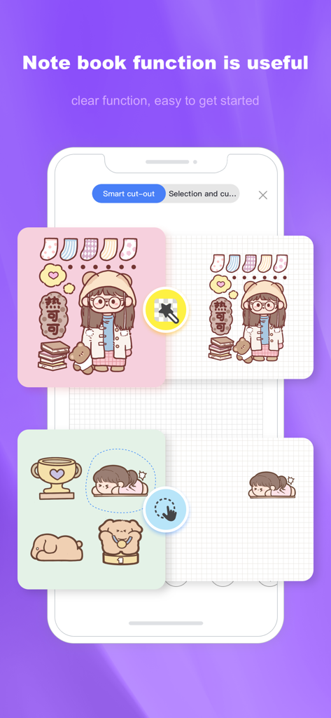 Kilonotes - Pocket - A screenshot of the Kilonotes Pocket app demonstrating the smart cut out and selection tool on aesthetic illustrations