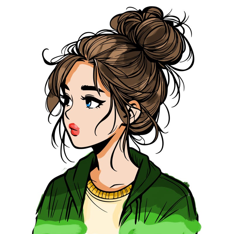 realistic teenage girl with a messy bun