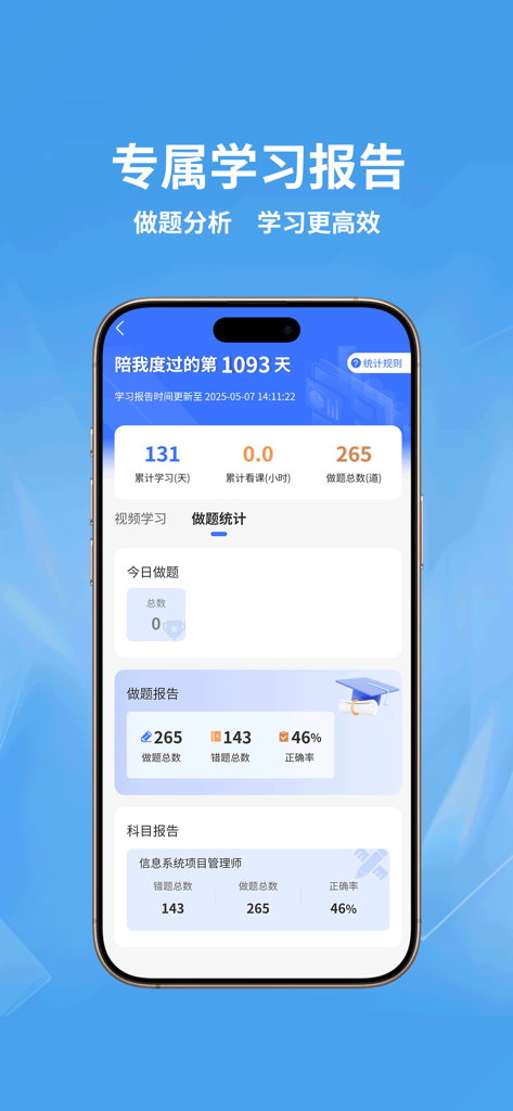 希赛软考 - Dashboard of the Xisai Ruankao app displaying study progress and exam performance analytics